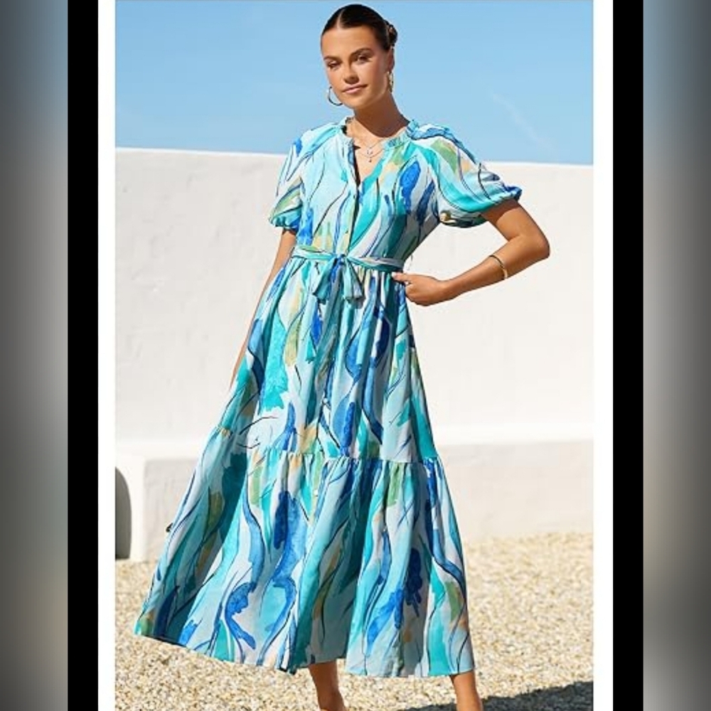 Flowing Blue and Green Maxi Dress
